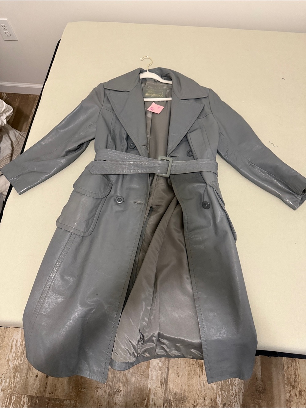 Gray Real Leather Trench Coat with Belt